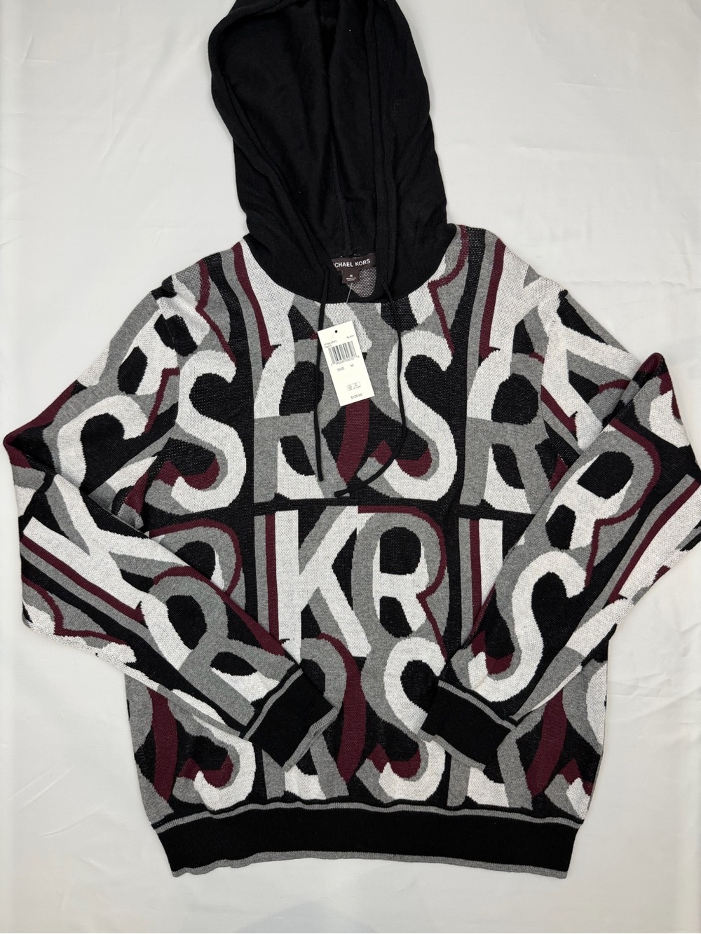 Michael Kors Black Gray and burgundy Logo Jacquard Hoodie Sweater